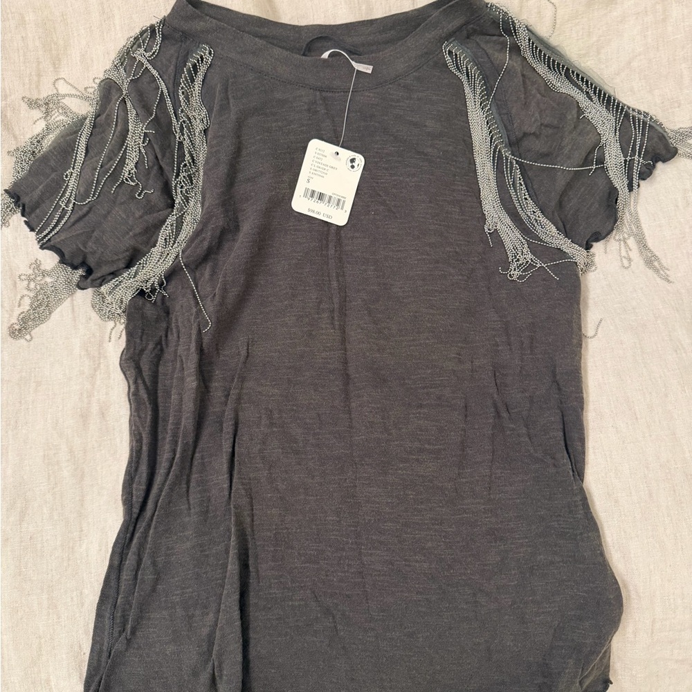 Free People Charcoal Fringe Short Sleeve Top